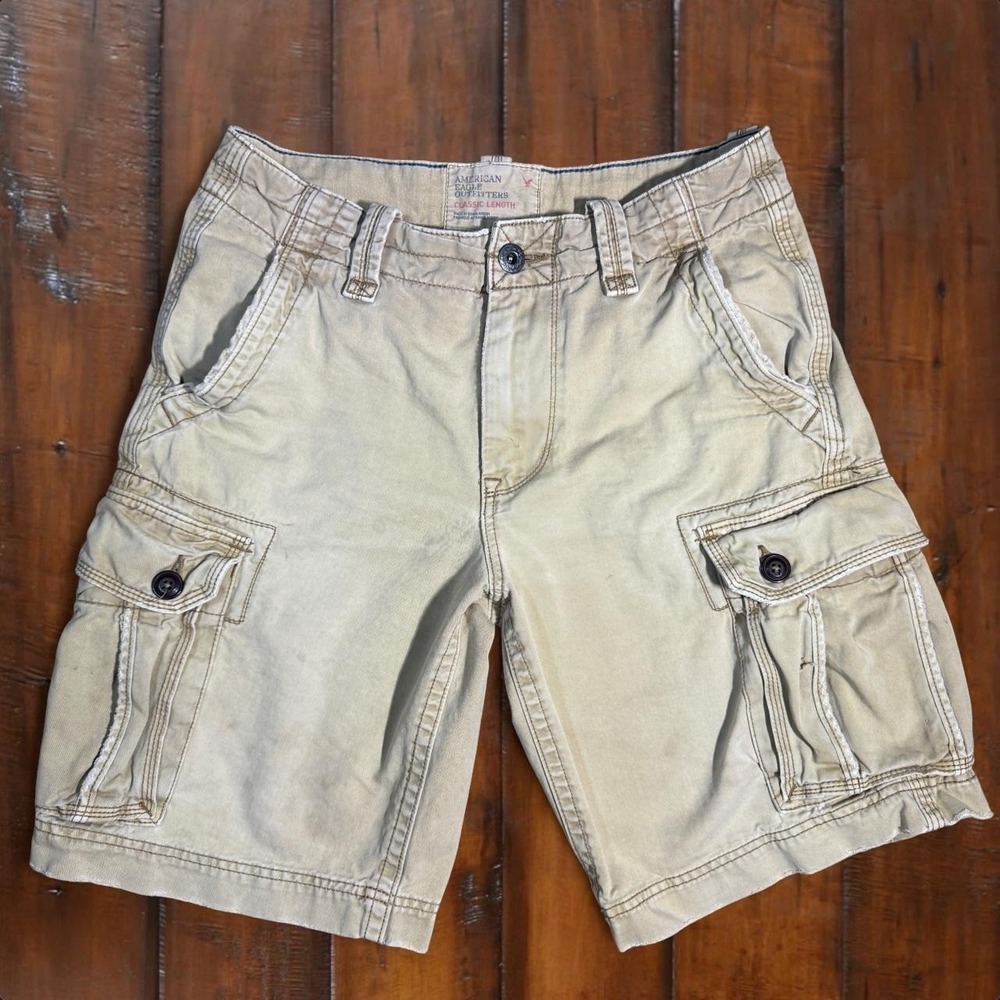 American Eagle Cargo Shorts Men's 30 Khaki Distressed Utility Y2K Grunge Cotton